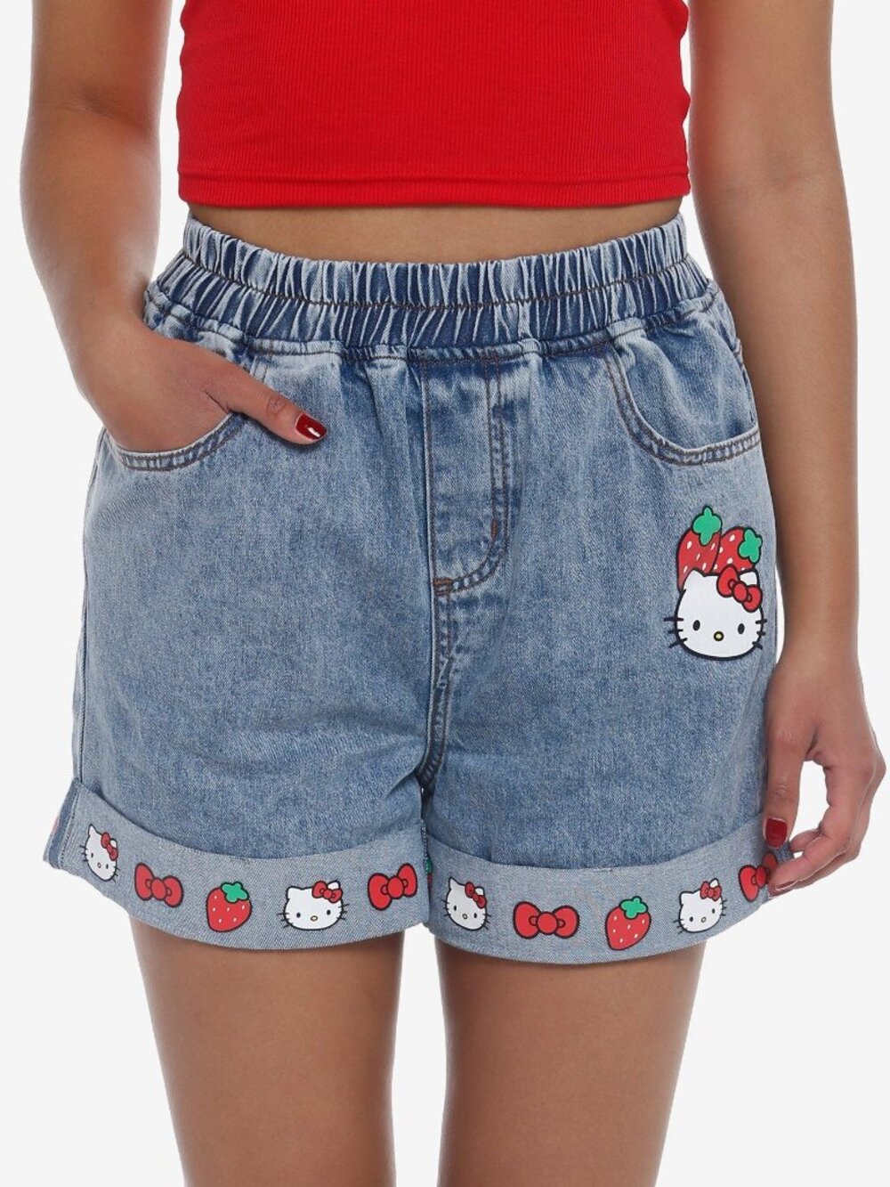NWOT Hello Kitty by Sanrio Strawberry Elastic High-Waisted Denim Mom Shorts Sz M